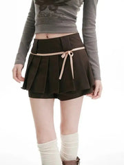 BXOXO Sweet Y2k Bow Pleated Skirts Women Coquette Brown Skirt Shorts Kawaii Vintage A-line Solid Mini Skirts Aesthetics Sexy
