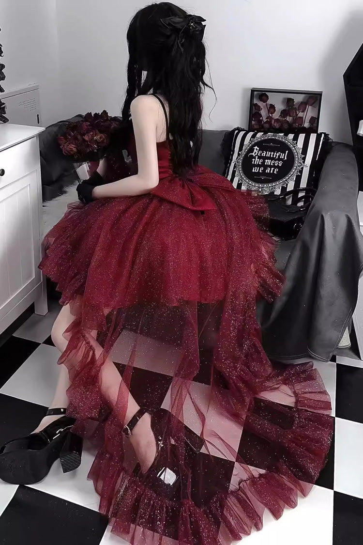 BXOXO - Red Shining Bowknot Irregular Sweet Princess Gorgeous Lolita Jsk Dress (Include Train)