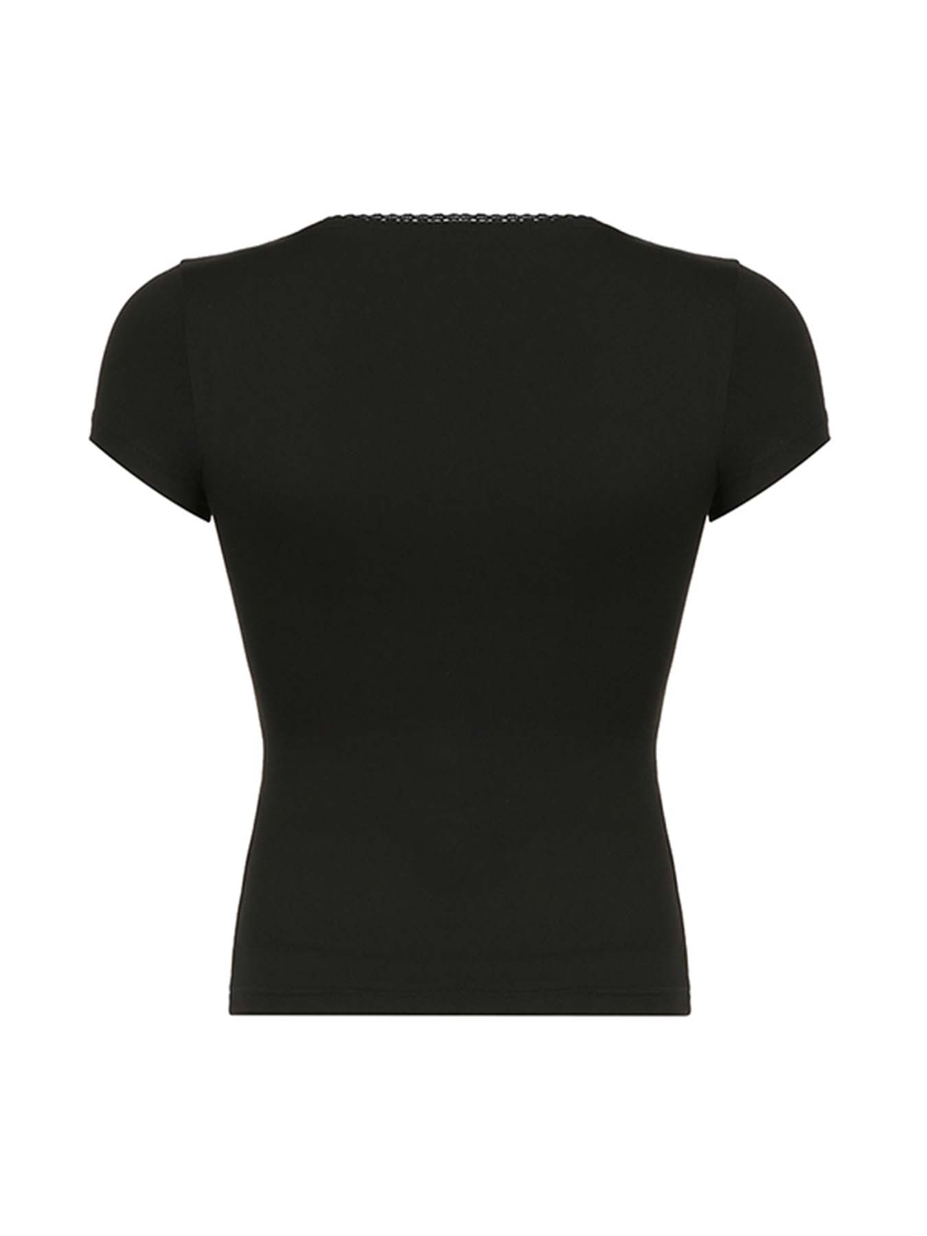 BXOXO - summer inspo Sweetown Black Solid Slim Elegant Basic Short Sleeve Tees Lace Trim Cute Y2K V Neck White T Shirts Women Summer Streetwear Tops