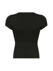 BXOXO - summer inspo Sweetown Black Solid Slim Elegant Basic Short Sleeve Tees Lace Trim Cute Y2K V Neck White T Shirts Women Summer Streetwear Tops