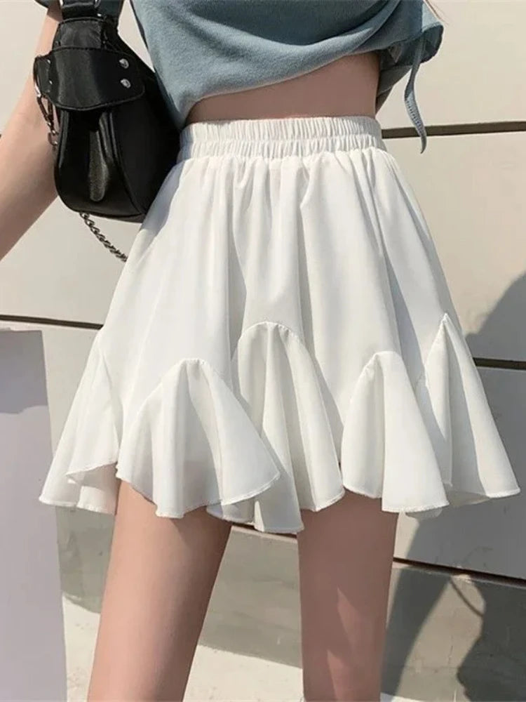 BXOXO White Irregular Ruffles Skirt Women Mini Skirts Kawaii Japanese Style Sweet Patchwork Elegant Casual Black Short Skirt