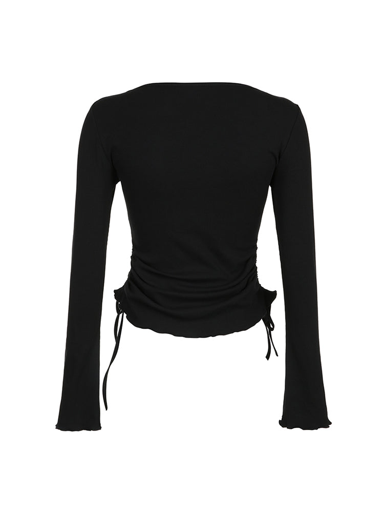 BXOXO - summer inspo Black Solid Ribbed O Neck Slim Long Sleeve Basic Long Sleeve T Shirt Women Side Shirring Lace-Up Chic Fashion Elegant Simple Tee