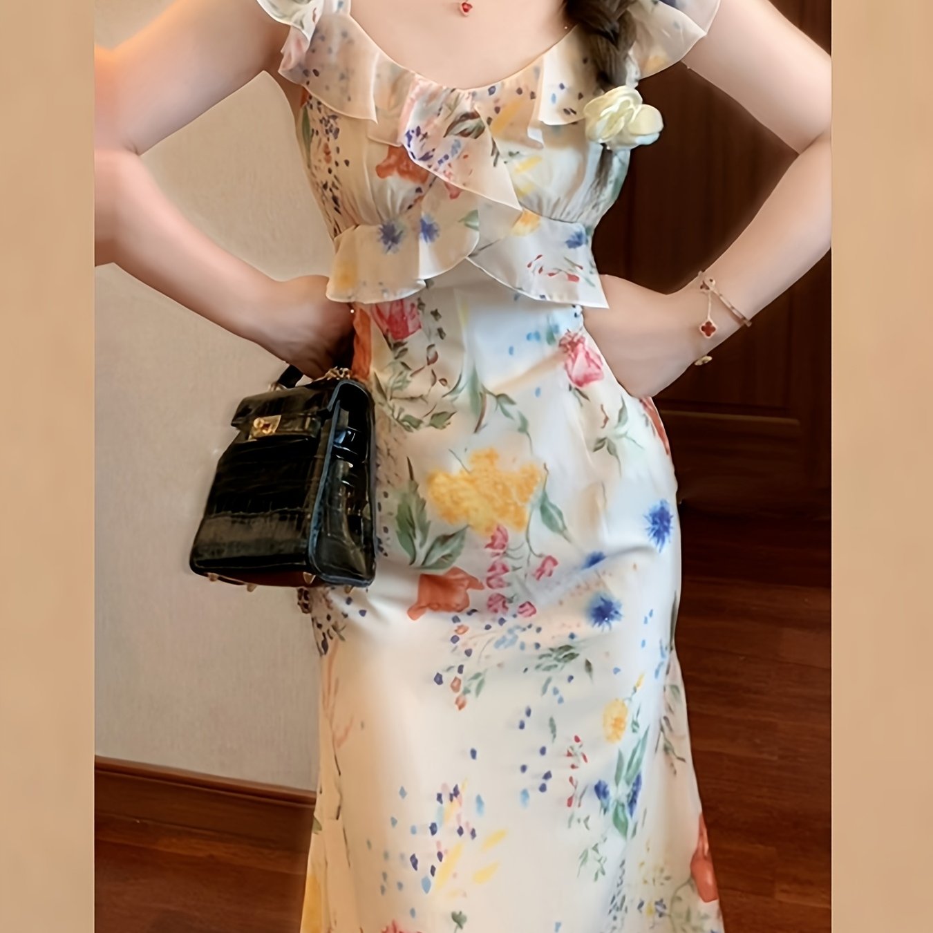 BXOXO Women's French-Inspired Summer Dress with Puff Sleeves & Ruffled Neckline - Vibrant Floral Print Pencil Skirt, Fitted Waist, Machine Washable Elegant Party & Casual Outfit, Summer Party Dress | Frenchinspired Fashion |