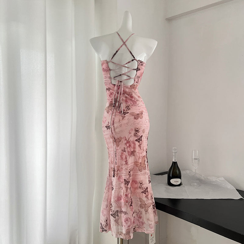 BXOXO - summer inspo Butterfly Printed Suspender Dress Spicy Girl Swing Collar Summer Sweet Chic Design Sense Backless Slim Fit Hip Wrap Dress