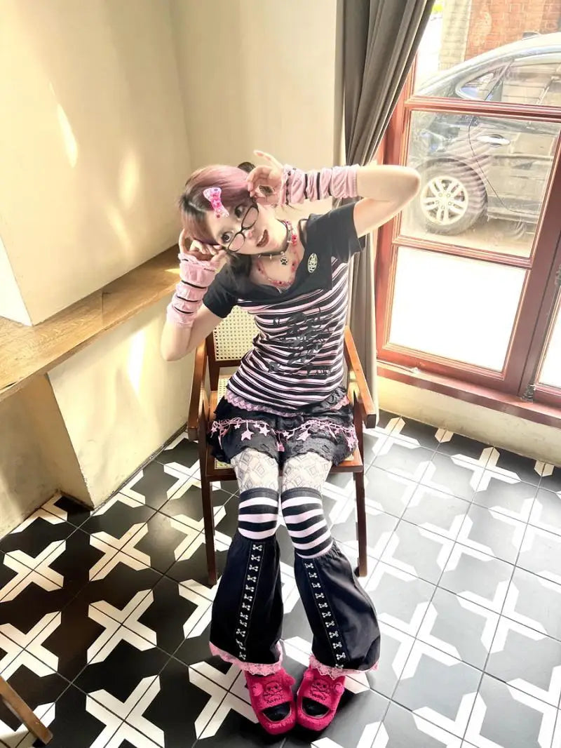 BXOXO Y2k Punk Sexy Women Clothing Gothic Stripe Streetwear Pink One shoulder Kawaii Skulls Aesthetic T Shirts 2000s Grunge Crop Top