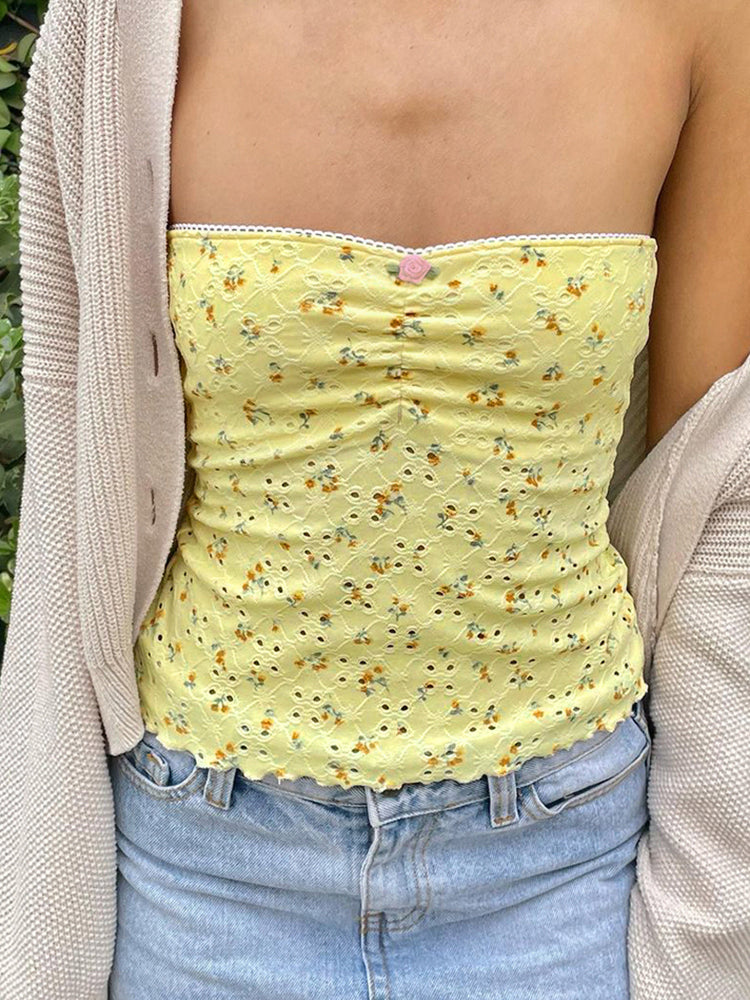 BXOXO - summer inspo Yellow Floral Print Sleeveless Strapless Slim Cute Y2K Tube Top Women Lace Trim Shirring 2000sSummer Holiday Clothing