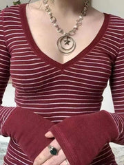 Striped V Neck Knit Long Sleeve Tee