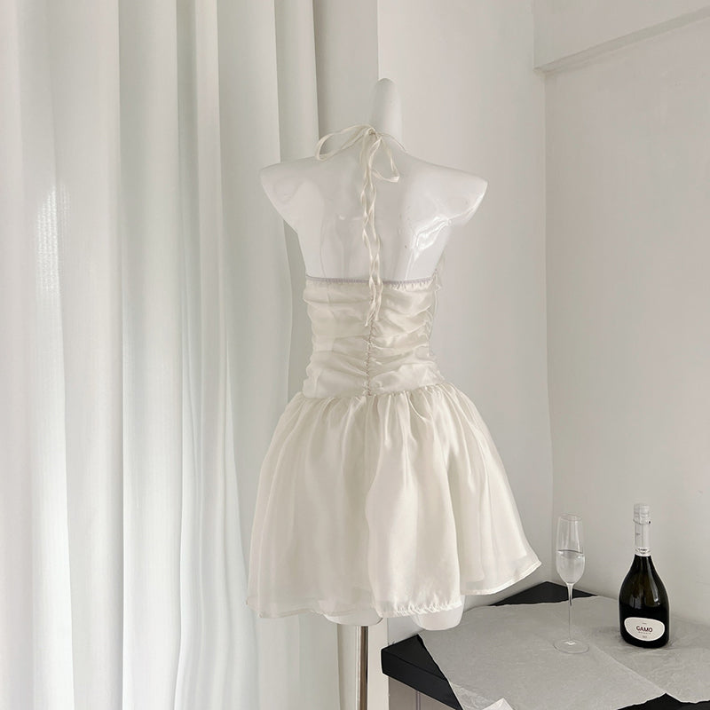 BXOXO - summer inspo French Solid Colour Swinging Collar Slim Dress Women Summer New Sexy Backless Seaside Vacation A-line Fluffy Skirt