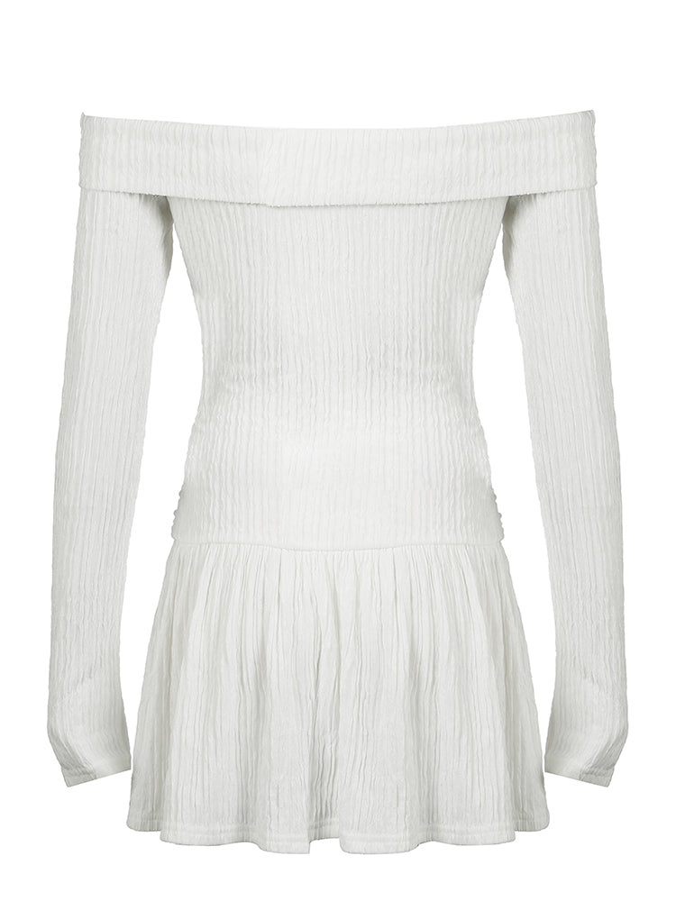 BXOXO - summer inspo Korean Fashion Slash Neck Elegant Long Sleeve A Line White Dress Women Shirring Slim Waist Simple Sweet Japanese Clothing