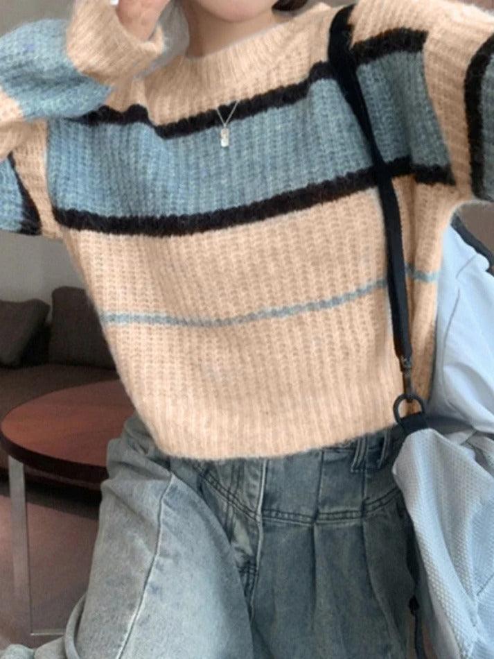 Stripe Contrast Color Short Loose Sweater