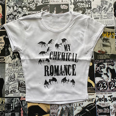 Bxoxo Punk rock Harajuku style Y2K croped tops sexy slim vintage gothic bat pattern printed O-Neck T-shirt grunge street short sleeves