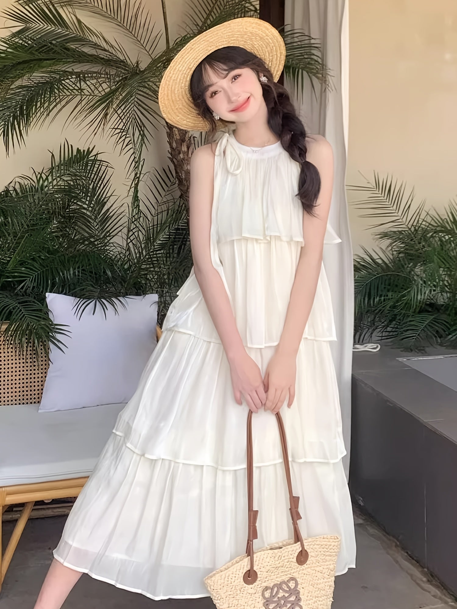 BXOXO 1pc Elegant French Halter Neck Off-Shoulder Cake Suspender Skirt Dress for Women - Summer New Casual Seaside Vacation Dress, Polyester, Round Neck, Sleeveless, Layered Cake Design, Mid-Length, Loose Fit, A-Line, Lightwe