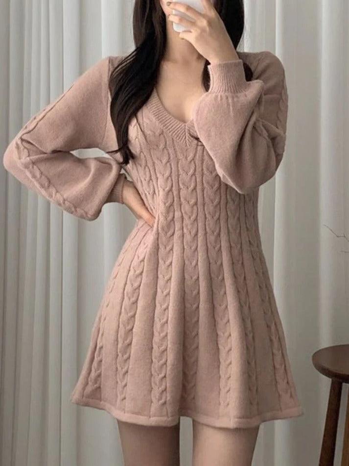 V Neck Long Sleeve Sweater Dress