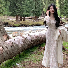 BXOXO party look inspos French Vintage Wedding Party Midi Dresses for Women 2025 Autumn Winter Elegant Slim Flare Sleeve Mermaid Lace Female Clothing