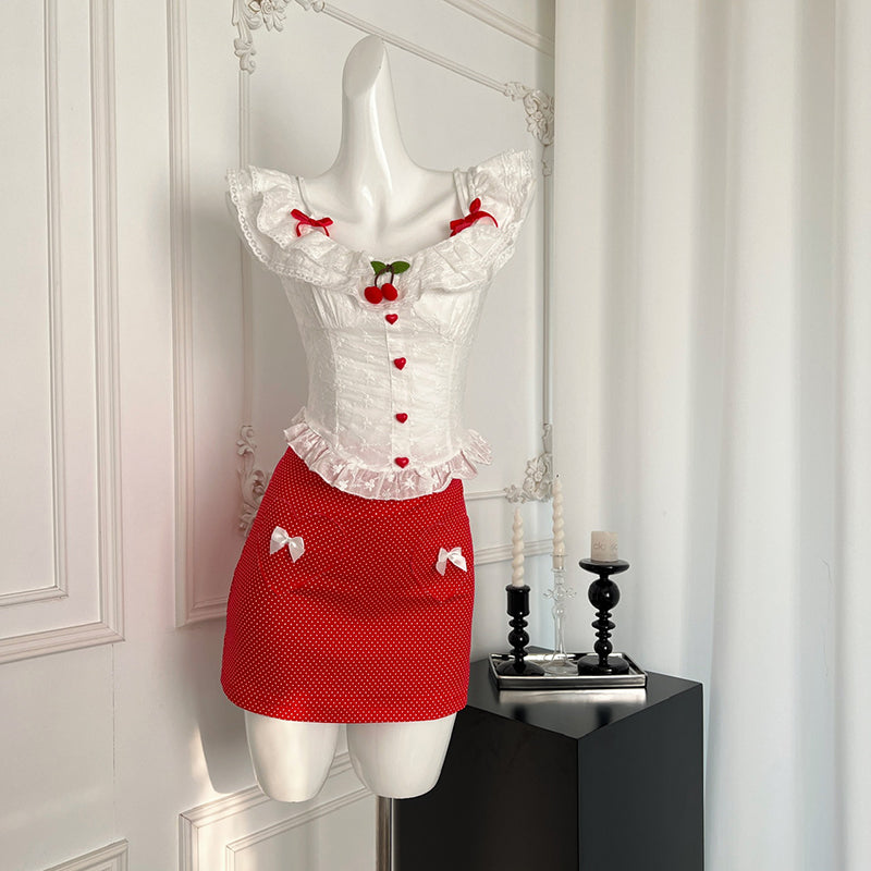 BXOXO - summer inspo 2025 New French Sweet Two-piece Short Crop Sling Tops + Bow A-line Skirts Suits Korean Spicy Girl Sexy Chic Sets