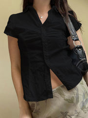 BXOXO - summer inspo Solid Shirring Button Up Turn Down Collar Short Sleeve White Shirts Women Simple Casual Summer Clothes