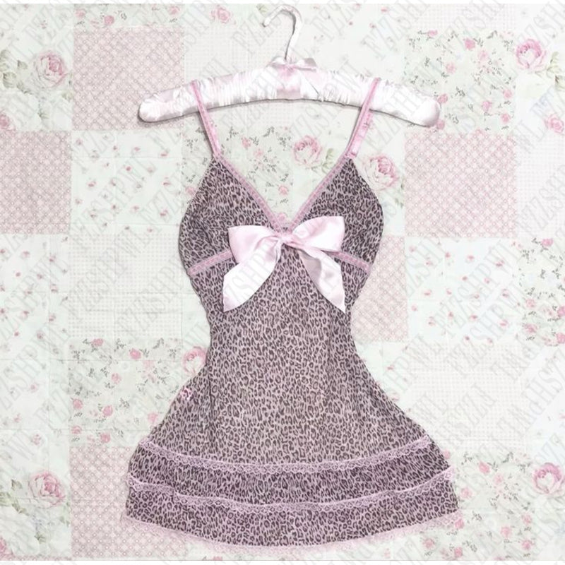 Bxoxo Women's dress pink leopard print fashion streetwear retro aesthetic Y2k cute bow casual hip hop emo girl punk sweet v-neck dress