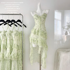 BXOXO - summer inspo Summer Dress 2025 Women Green Floral Print Sling Dress Irregular Design Female V Neck Sleeveless Dress Vestido