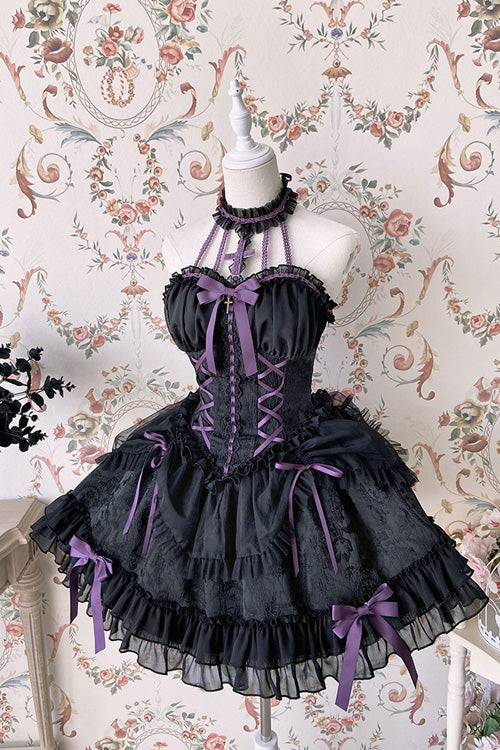 BXOXO - Black Purple Tube Top Sleeveless Blowknot Ruffled Gothic Lolita Tiered Dress