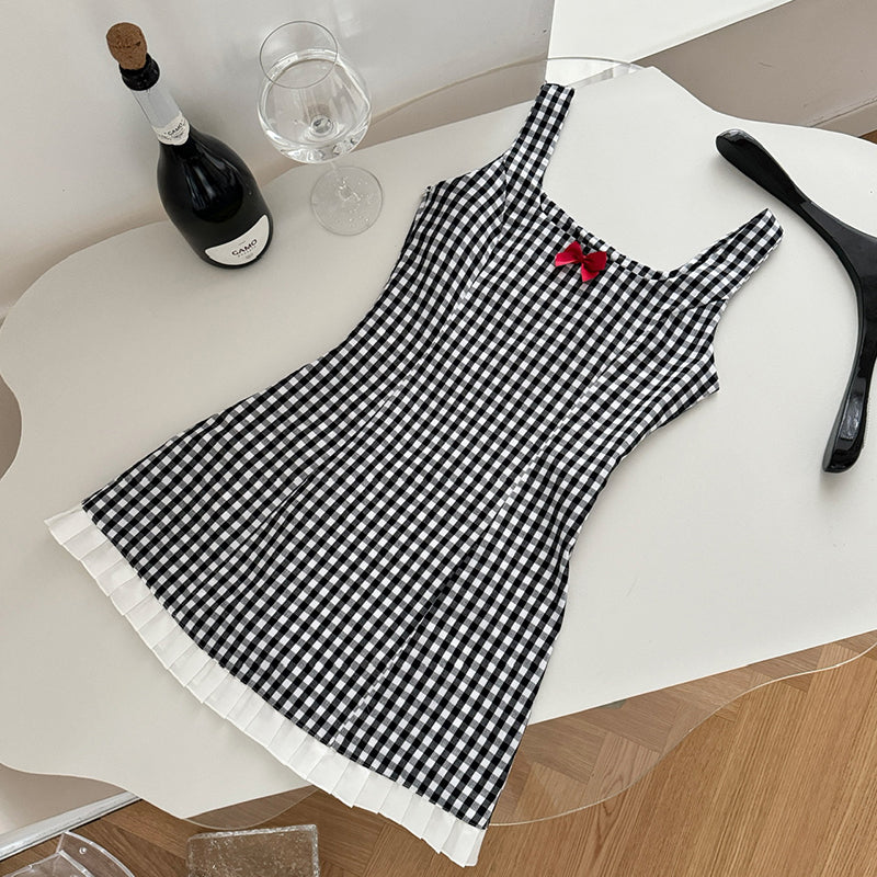 BXOXO - summer inspo 2025 Summer Women's Black and White Plaid Suspended Dress Bow Short Dress Elegant Casual Sleeveless Dresses