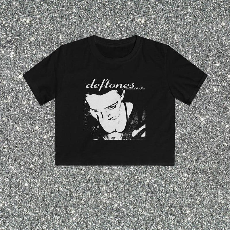 Bxoxo American Retro Streetwear Hip Hop women's Crop Top Sexy Punk Gothic Rock Harajuku Emo Girls Geometric Pattern Black Short Sleeve