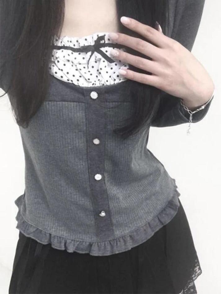 Square Neck Polka Dot Splice Fungus Long Sleeve Knit