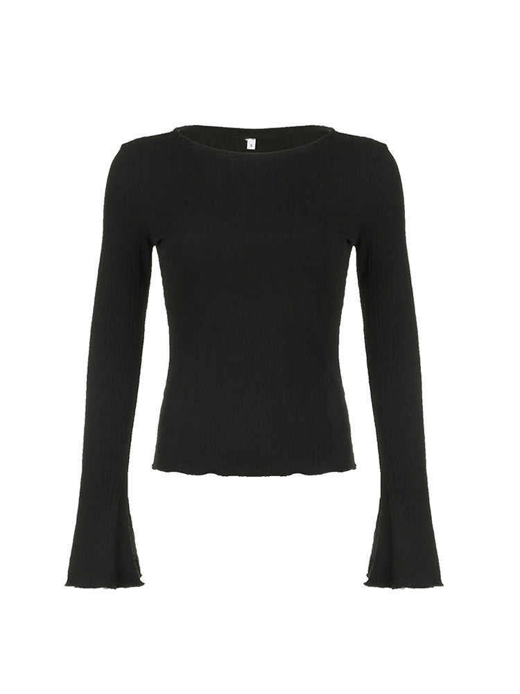 BXOXO - summer inspo Black Solid Slim Flared Sleeve Elegant T Shirt Women Simple Basic Fashion Spring Autumn Knitted Top Tees