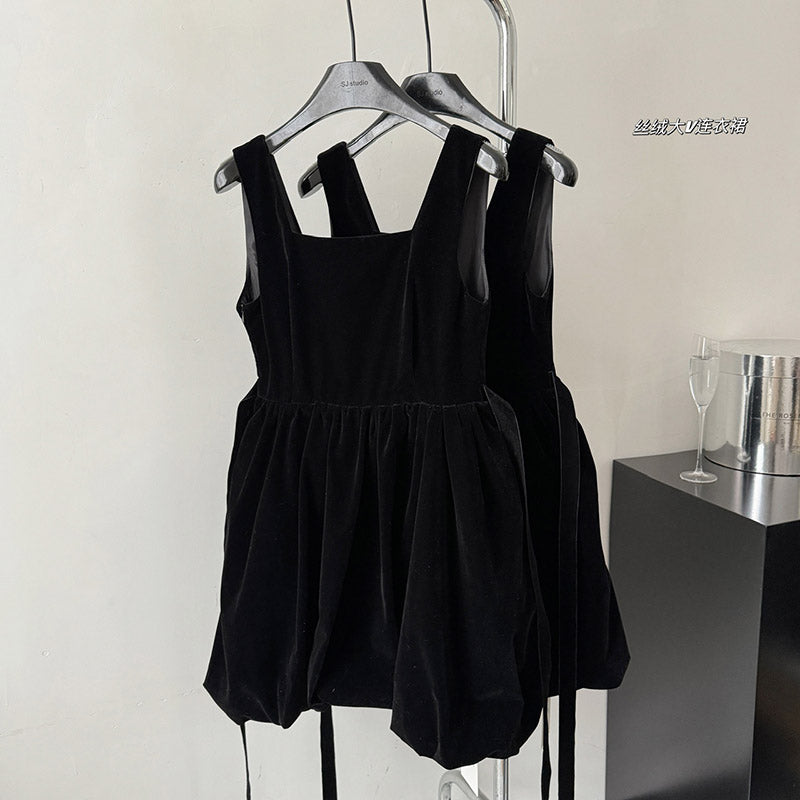 BXOXO - summer inspo Bow Velvet Short Dress+Round Necked Bubble Sleeved Polka Dot Shirt Fashion Two-piece Set Autumn and Winter New