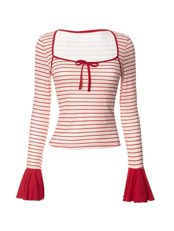 Striped Print Bow Trumpet Sleeve Long Sleeve Tee