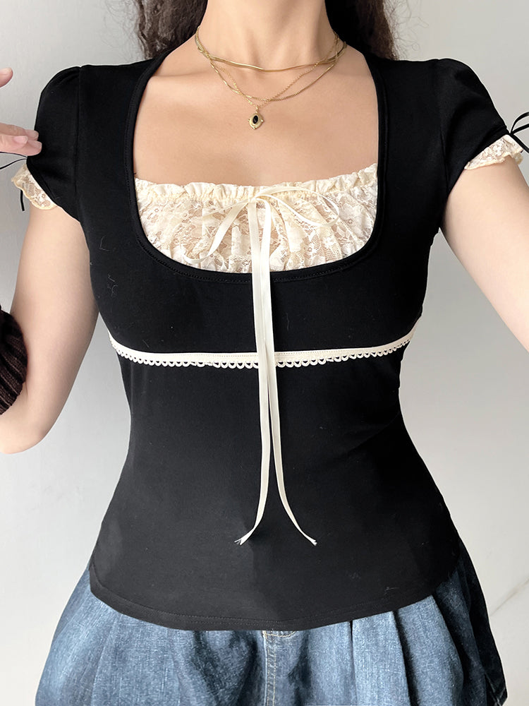 BXOXO - summer inspo Sweet Y2K Contrast Lace Patchwork Square Collar Black T-Shirt Women Short Sleeve Basic Balletcore Cute Summer Tops