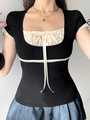 BXOXO - summer inspo Sweet Y2K Contrast Lace Patchwork Square Collar Black T-Shirt Women Short Sleeve Basic Balletcore Cute Summer Tops