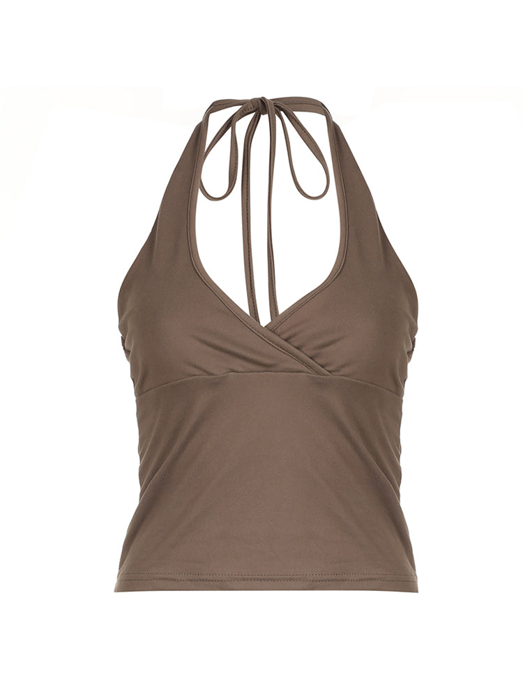 BXOXO - summer inspo Cross Tie Halter V Neck Crop Top Women Solid Basic Casual Slim Backless Sexy Tank Vest