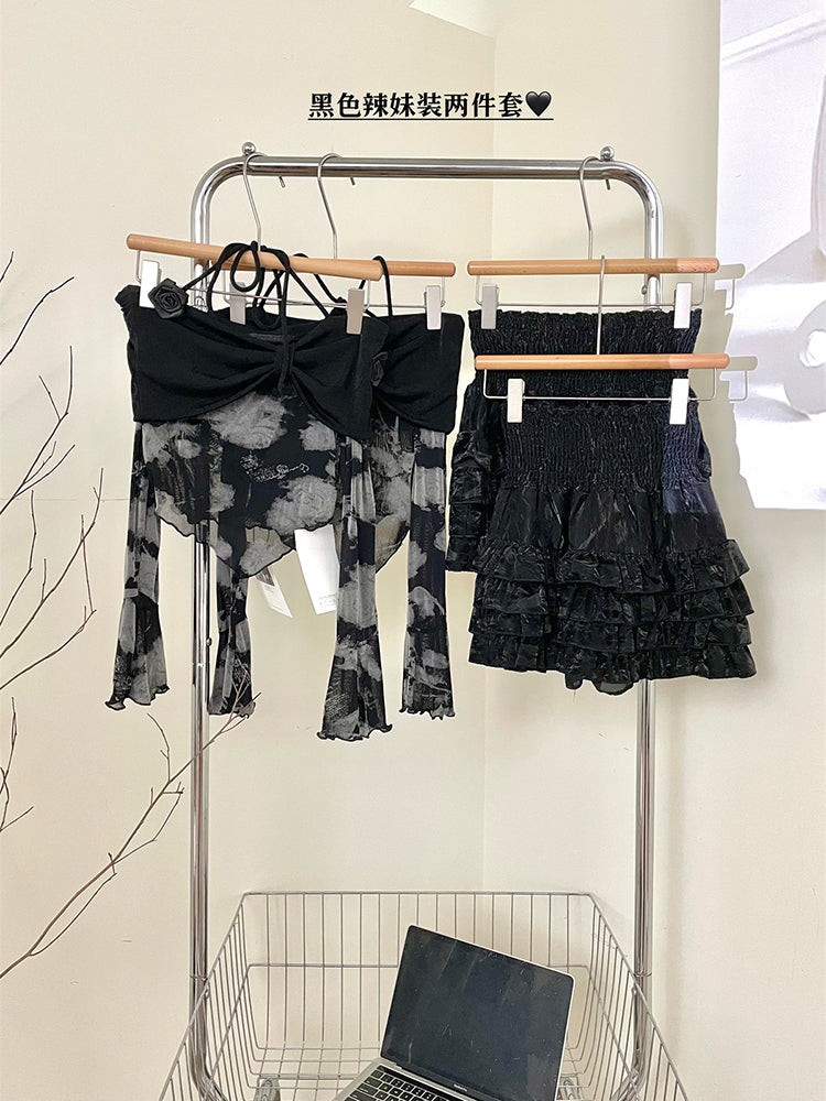 BXOXO - summer inspo Spring Two Piece Set Women Slash Neck Strap T-shirt Cute Skirt Suit Female Korean Slim Tops+Princess Cake Skirt 2025