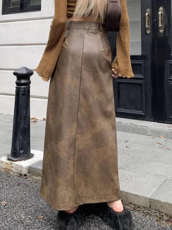 Vintage Brown High Rise Split PU Leather Midi Skirt