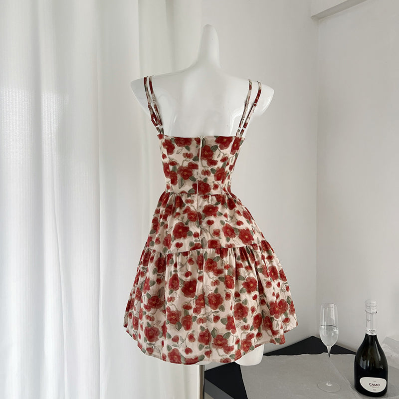 BXOXO - summer inspo Elegant Flower Print Suspender Dress Women Fashion Off Shoulder Backless Temperament Dresses Chic Party Club Vestidos