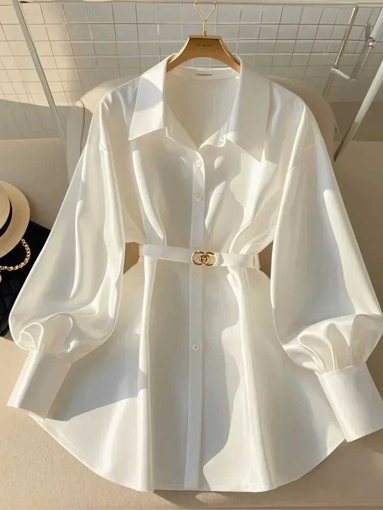 BXOXO Autumn New Fashion Blouses Women Clothing French Luxury Mature Style Shirt Long Sleeve Waist Slim Belt White Shirt Women Tops