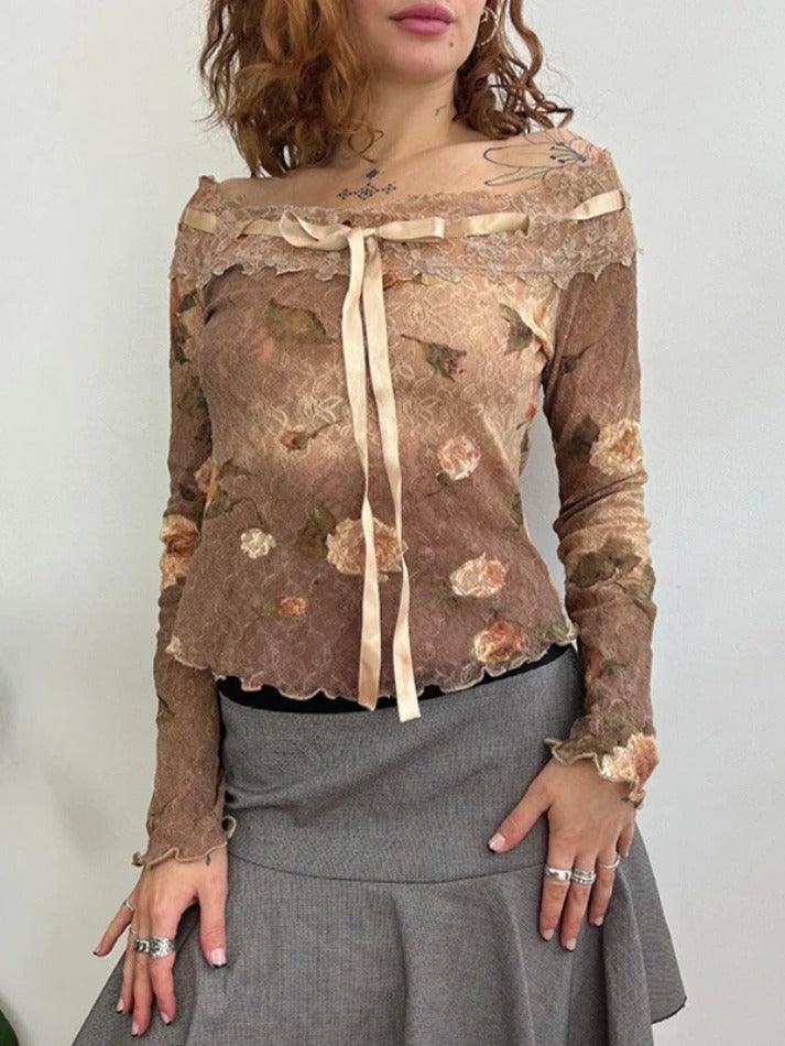 Vintage Flower Print Lace Splice Off Shoulder Long Sleeve Tee