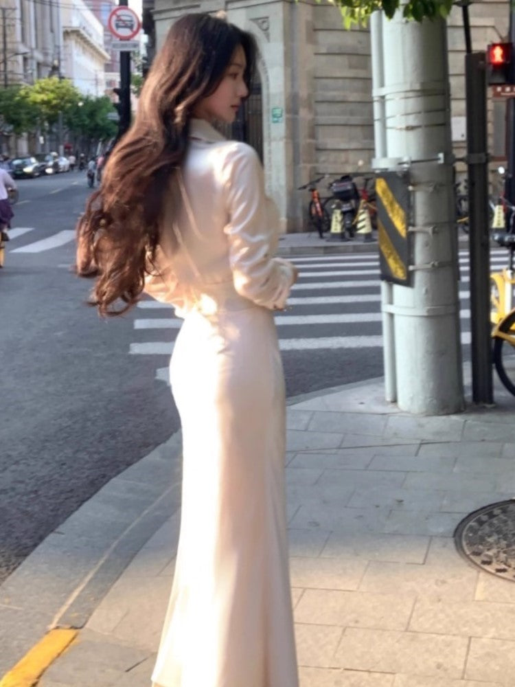 BXOXO party look inspos Korean Elegant Solid 2-piece Skirt Set for Women Long Sleeve Shirt Slim Waist Midi Mermaid Skirt Fashion Office Lady Clothes New
