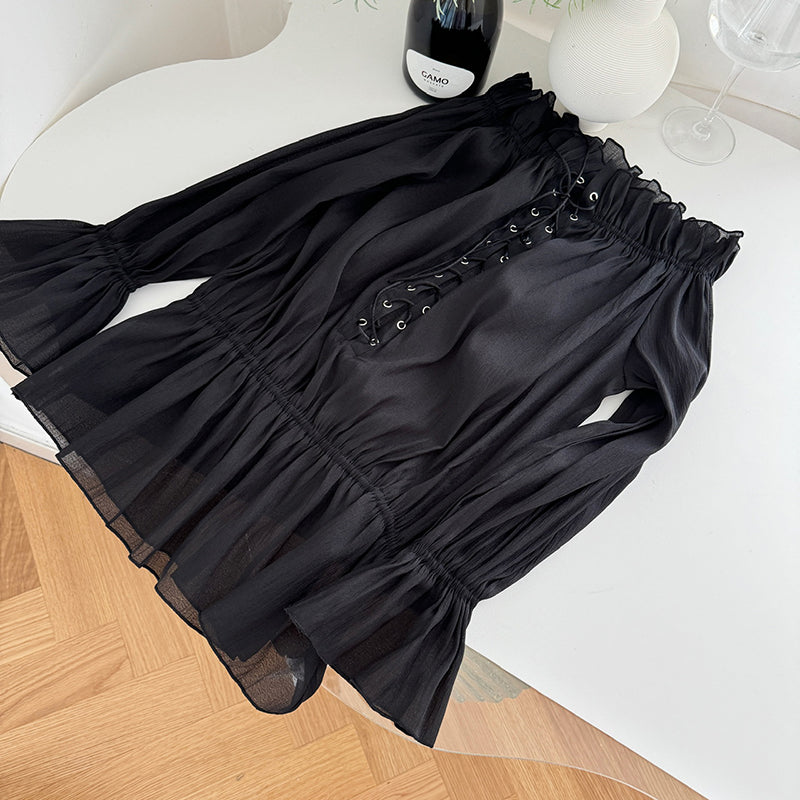 BXOXO - summer inspo Autumn Women Blouse Elegant Chic Shirts Solid Color Slash Neck Sexy Off Shoulder Long Sleeve Loose Blouses Fashionable Retro Top