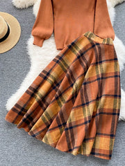 BXOXO Retro Casual Sweater 2 Piece Set Women Lantern Sleeve Sheath Knitt Top+Elastic Loose Long Skirt Female Autumn Elegant Suits 2025