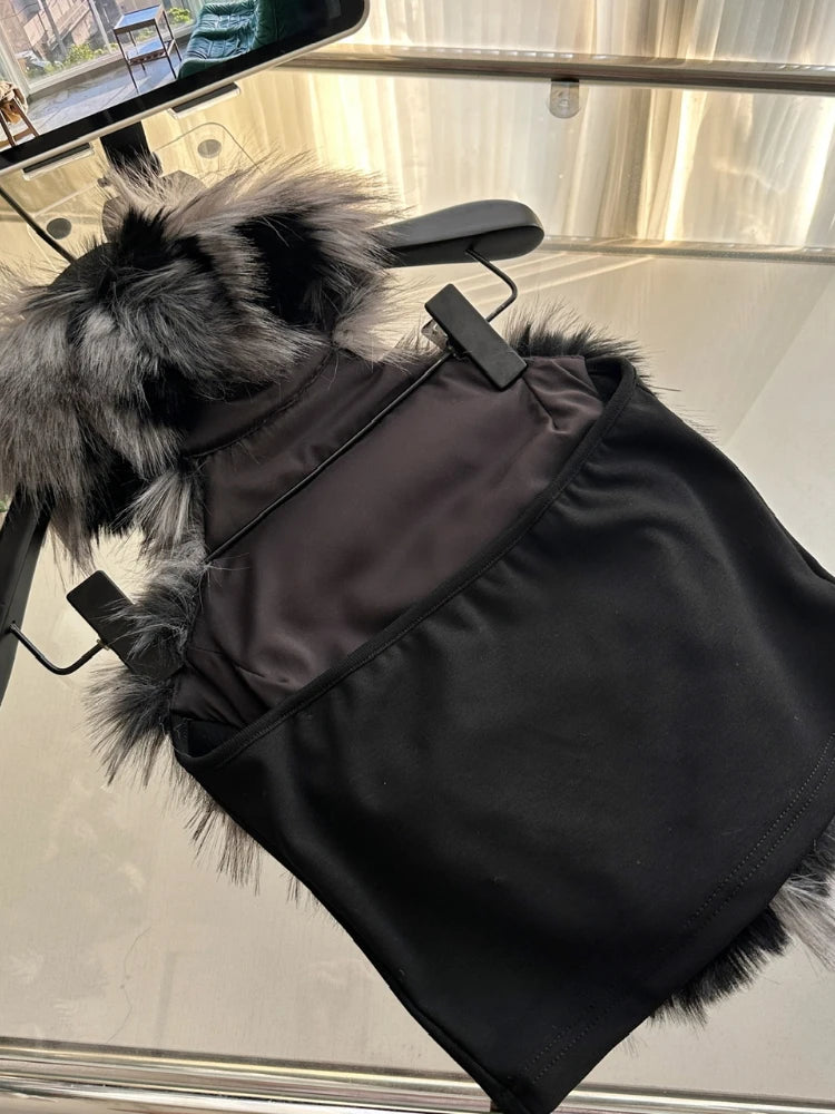 BXOXO Korea Elegant Sexy High End 2PC Set Women Plush Neck Halter Backless Short Vest+Mini Bag Hip Skirts Female Slim Nightclub Suit