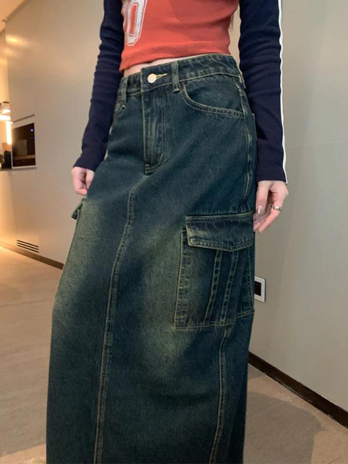 Wash Distressed Big Pocket High Rise Maxi Skirt