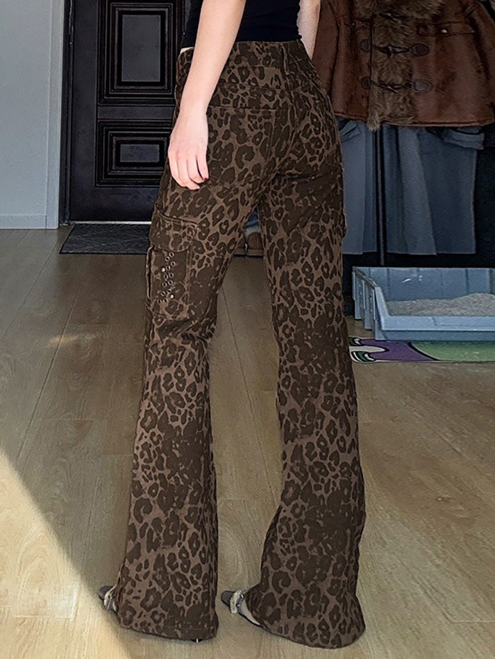 BXOXO - Vintage Leopard Print Multi-Pocket Flared Jeans