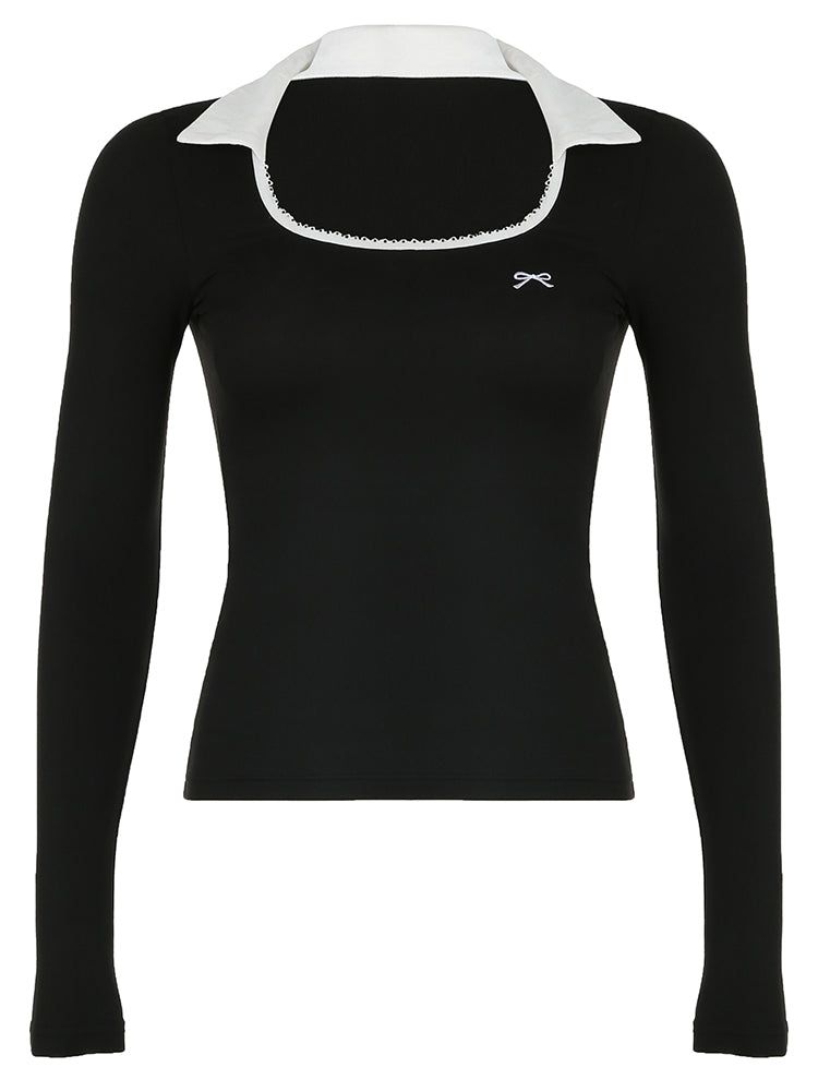 BXOXO - summer inspo Sweetown Contrast Binding U Neck Slim Basic Long Sleeve Tees Black Bow Embroidery Cute Turn Down Collar Spring Autumn T Shirts