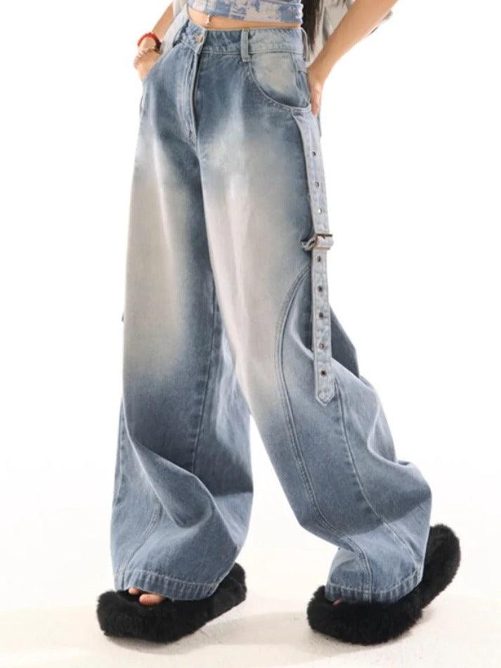 Vintage Wash Belted Decor Boyfriend Jeans