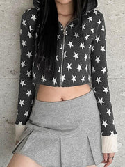 BXOXO - Star Print Contrast Zip-Up Hooded Sweatshirt