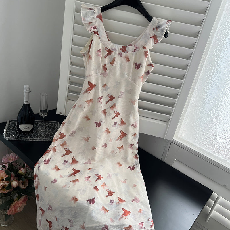 BXOXO - summer inspo French Vintage Butterfly Print Dress Women's Temperament Elegant Seaside Holiday Fairy Sling Dresses 2025 Summer