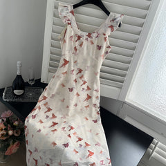 BXOXO - summer inspo French Vintage Butterfly Print Dress Women's Temperament Elegant Seaside Holiday Fairy Sling Dresses 2025 Summer