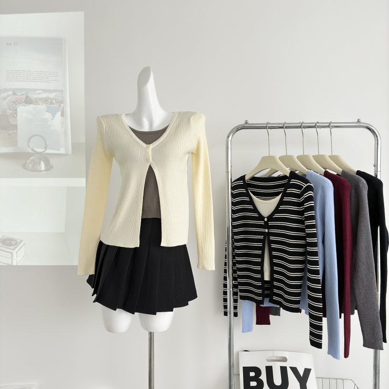 BXOXO - summer inspo Autumn Fake Two-Piece Sweater Women Solid Color Knitted Top Long-Sleeved Pullover Fashion Casual Versatile Slim Fit Female Tops