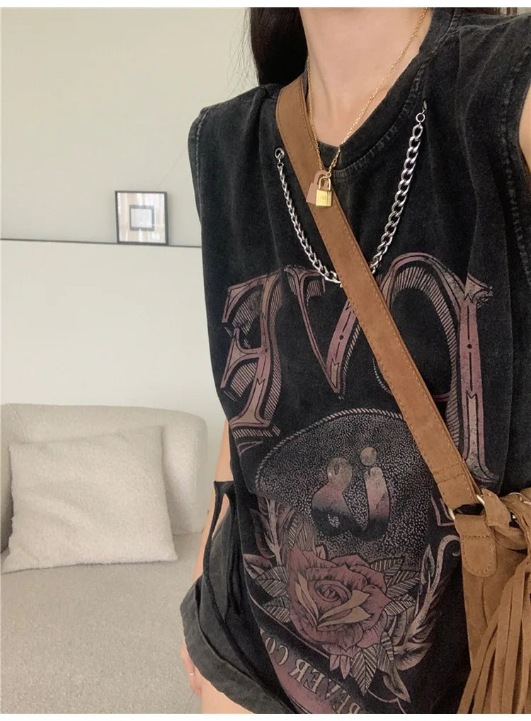 BXOXO Streetwar Y2k Vintage Women T Shirts KPOP Tank Tops Oversized Tees Punk Hip Hop Girl Emo Gaphic Clothes Harajuku Femme Crop Top